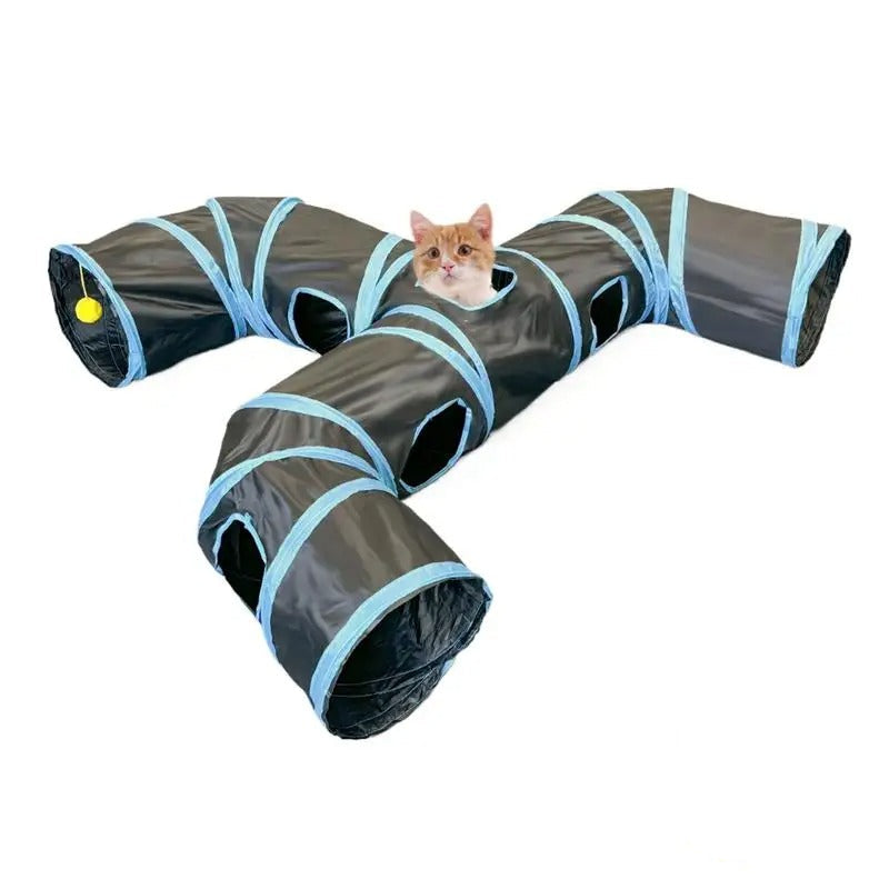 Sammenklappelig legetunnel til kat i polyester – interaktivt legetøj til indendørs leg og gemmeleg fra Kattorama.dk.